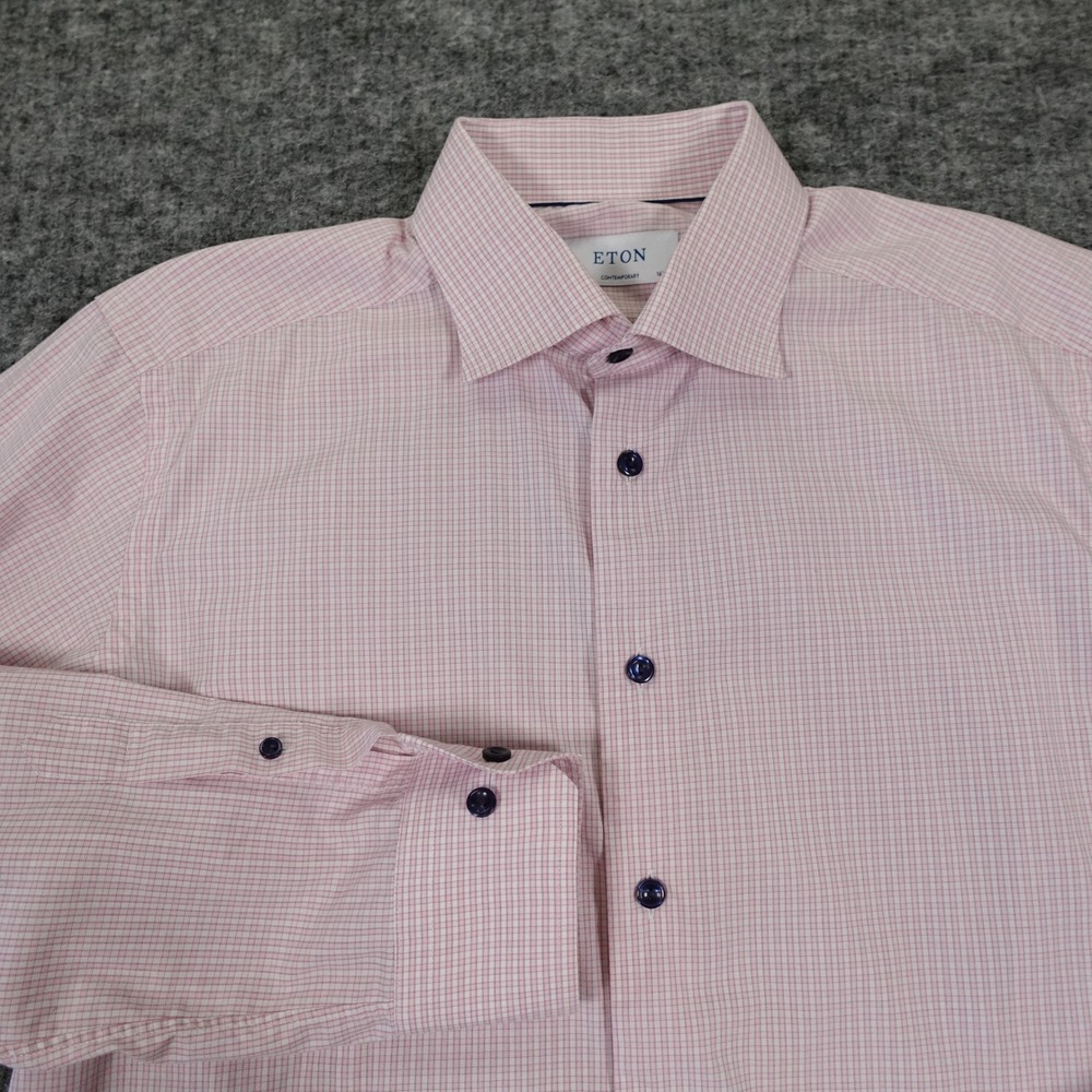 ETON Dress Shirt Mens 46 -16 1/2 Pink Micro Check Long Sleeve‎ Button Up
